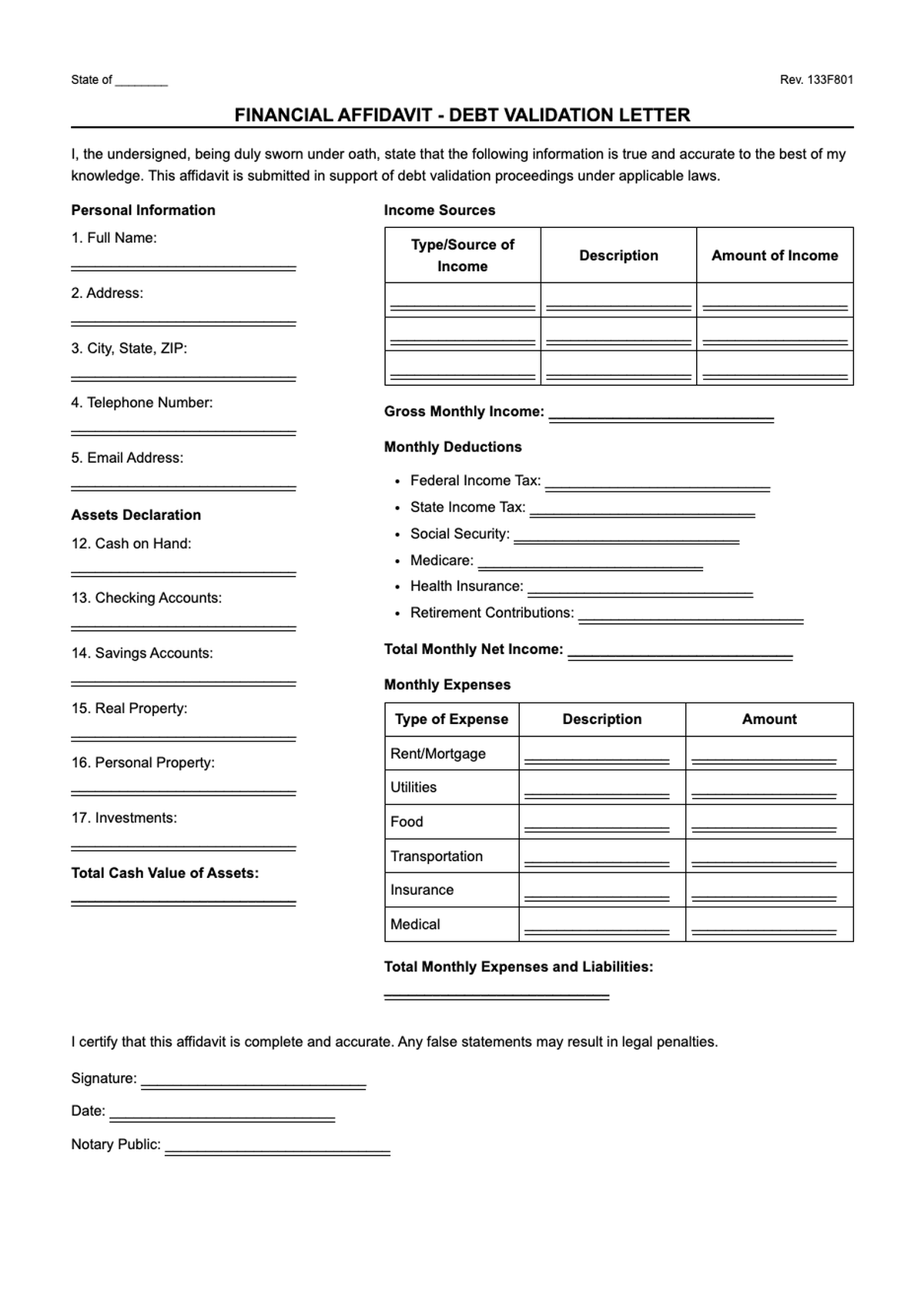 Official financial affidavit form with income expenses and assets sections_variant_2